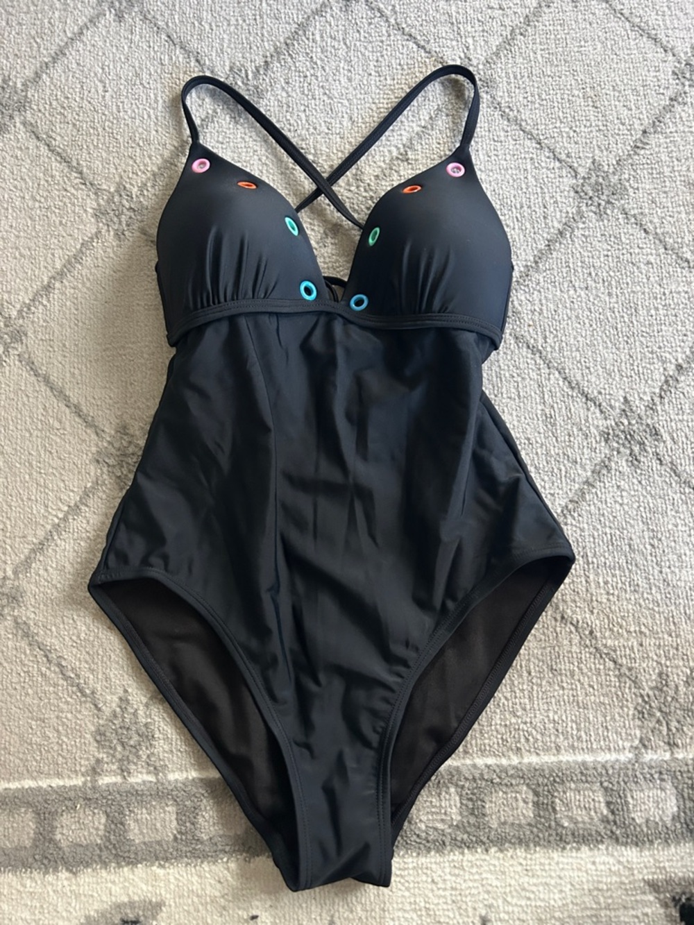 Hula Honey Black One-Piece Swimsuit with Colorful Rivet Accents NWOT